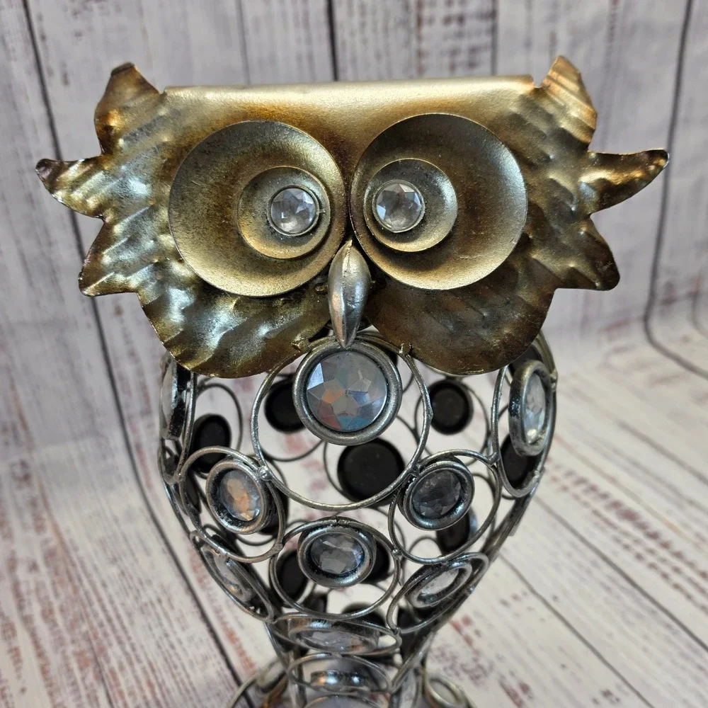 Pier One Imports Owl Figurine Home Decor Gold Silver Jeweled Excellent Metal